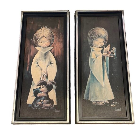 2 Piece Set Vintage I. Vemet Altar Boy/Girl Framed 1960s 1950s